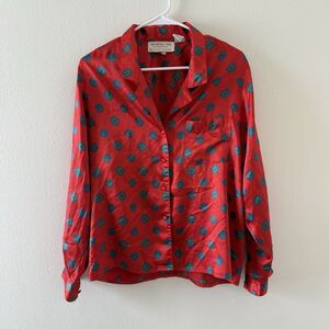 The Vintage Twin Red Satin Patterned Button Down Shirt Loungewear Sleep Sz 10